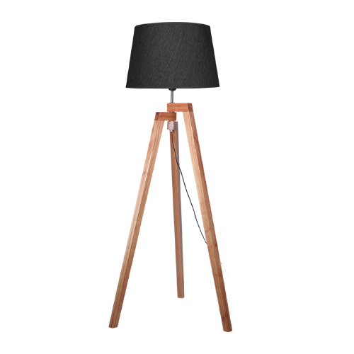 Lampara de pie madera natural pantalla lino negra